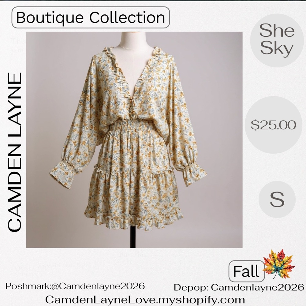 She + Sky Long Sleeve Floral Dress in Cream and Gold - Picture 7 of 11
